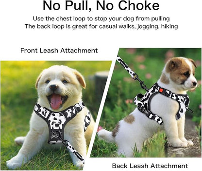 Petmolico No Pull Dog Harness and Leash Set, No Choke 4 Leash Attchments Easy Control Handle Soft Padded Reflective Vest Dog Harness for Small Dog Breed, Cow Pattern Small