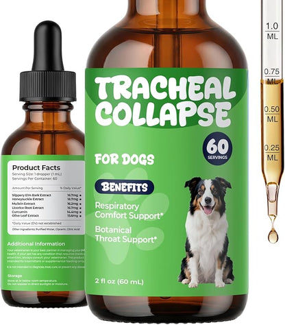 Dog Cough Relief - Collapsed Trachea Treatment for Dogs - Throat Calm Herbal Drops with Slippery Elm & Mullein - Trachea Supplement for Coughing & Airway Comfort