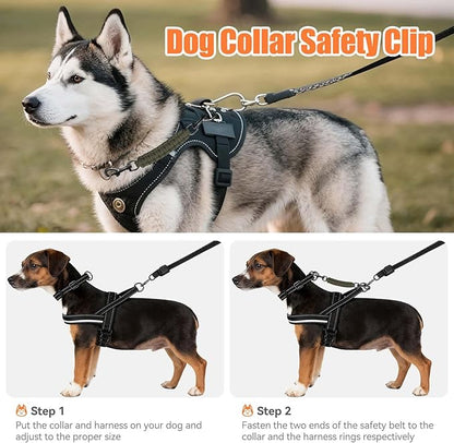 Dog Collar Safety Clip, Collar Companion, Handmade Backup Safety Strap, Double-Ended Clip Leash Connector, Suitable for Dog Harnesses, Prong, Pinch Collars (Black + Army Green, 2 Pack)