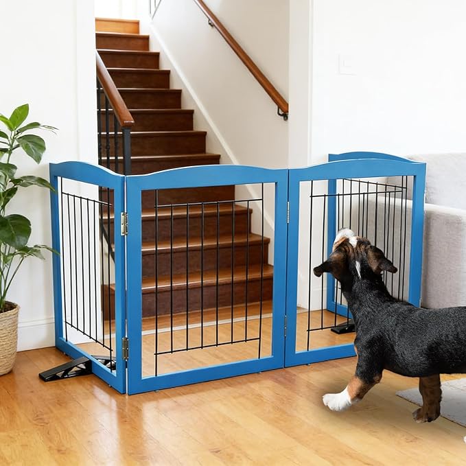 ZJSF Freestanding Dog Fence Indoor, Foldable Dog Gate for Doorways, Stairs or Hallways, Sturdy Wood Extra Wide Pet Gate with Support Feet for The House, Blue, 32 "Height-3 Panels