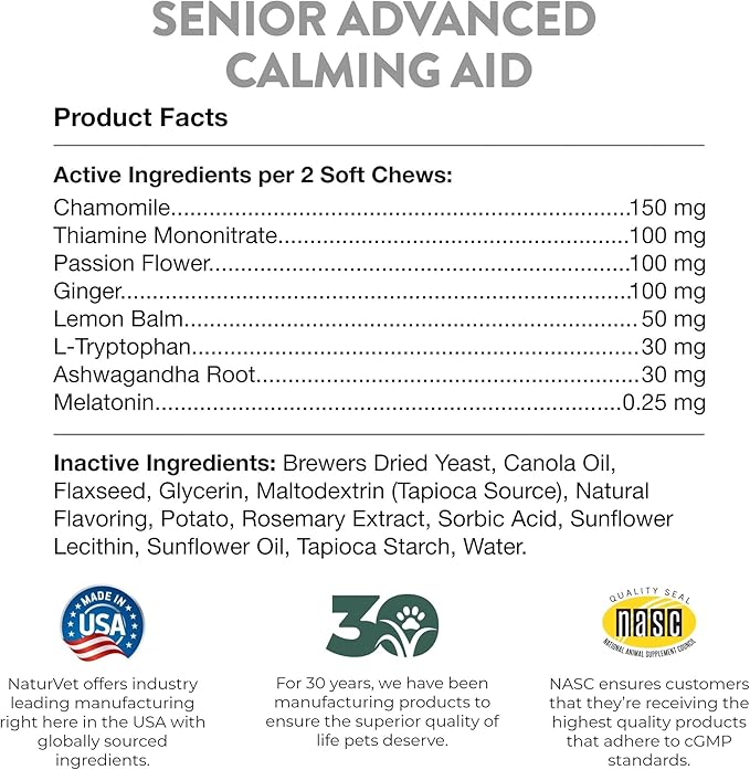 NaturVet Quiet Moments Calming Aid Dog Supplement, Helps Promote Relaxation, Reduce Stress, Storm Anxiety, Motion Sickness for Senior Dogs – 60-Ct. Soft Chews