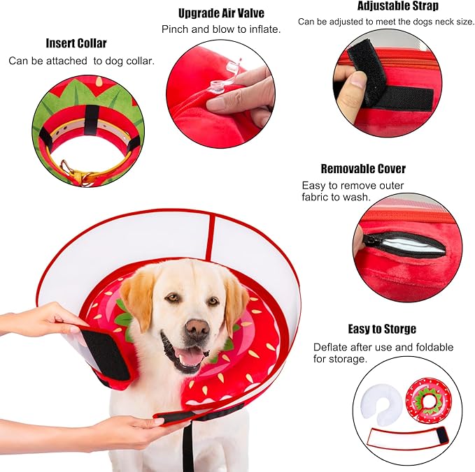 Inflatable Dog Cone Collar for Large Medium Small Dogs, Soft Dog Donut Collar Adjustable Recovery Cone for Pets After Surgery, Extra Enhanced Anti-Licking Guard Shield for Pets (Large, Strawberry)