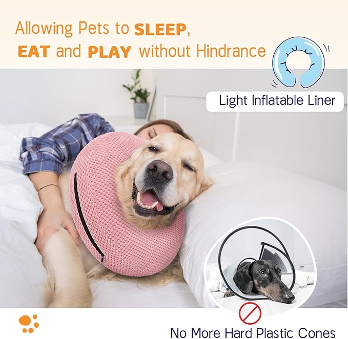 Supet Inflatable Dog Cone Collar for Dogs to Stop Licking, Dog Donut Collar After Surgery, Soft Pet Cone for Small Medium Large Dogs Pink 02 M