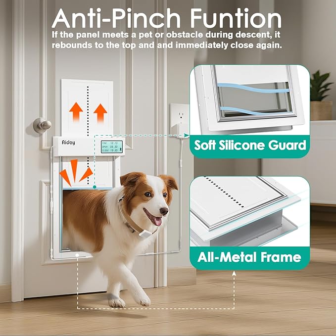 Automatic Dog Door with Collar Sensor, Large Electronic Dog Door for Door with Anti-Pinch, Mains-Powered, LCD Display, Timing Function, Metal(L)