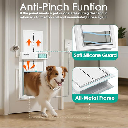 Automatic Dog Door with Collar Sensor, Large Electronic Dog Door for Door with Anti-Pinch, Mains-Powered, LCD Display, Timing Function, Metal(L)