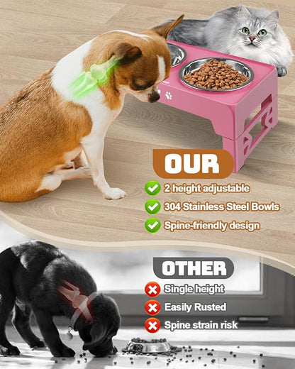 Jovrun Elevated Dog Bowls for Small Dogs and Cats, Non-Slip Cat Bowls with 2 Thick 5.5" Stainless Steel Dishes, Dog Feeder 2 Heights Adjustable to 2.6"-5.3"