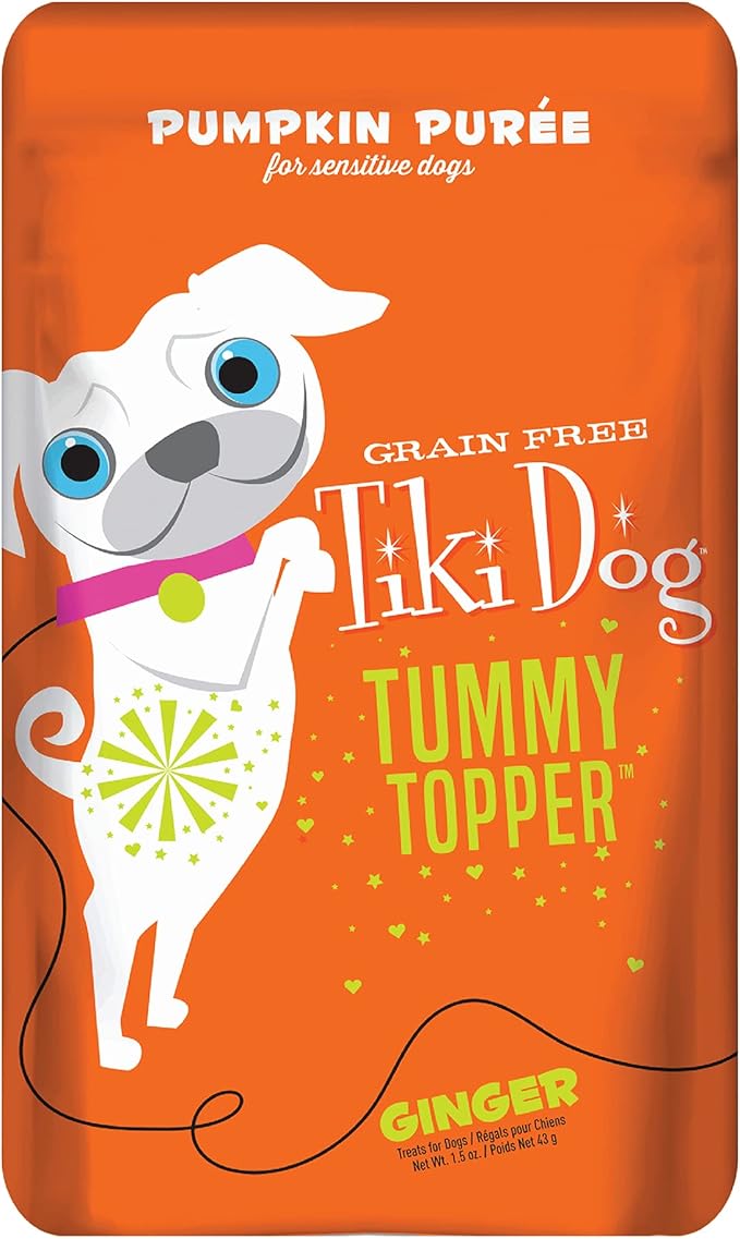 Tiki Dog Single-Serve Tummy Topper, Grain-Free Pumpkin Purée with Ginger for Sensitive Stomachs, 1.5oz Pouches (Pack of 12)