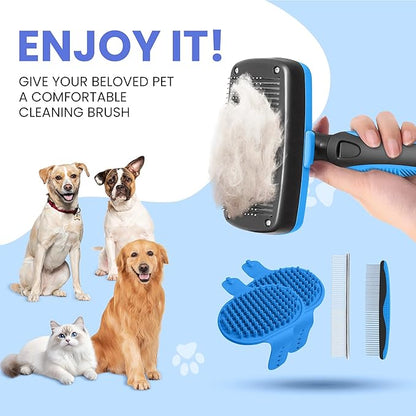 Self Cleaning Shedding Brush - 5-in-1 Professional Pet Grooming Kit Skin Friendly Grooming Tool for Dogs, Cats, and Puppies, Deshedding and Hair Removal for Long and Short Haired Pets, Blue