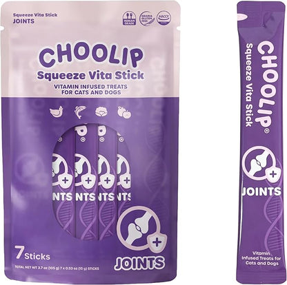 Choolip Squeeze Vita Stick Lickable Cat and Dog Treats, 7-Count Joint Support, Chicken and Salmon with MSM, Green-Lipped Mussel and Vitamin E, Vet-Formulated