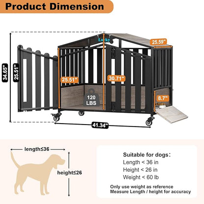EasyCom 41“ Heavy Duty Dog Crate Furniture, Dogs Kennel Indoor with 360° Wheels, Decorative Dog Kennels for Medium Dogs, Dog Crate with Feeding Window and Name Tag, Dog House, Oak Grey