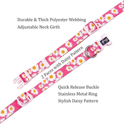 Dog Collar and Leash Set, Cute Pink Daisy Pattern, Polyester Material, 5ft Leash, for Large Dogs.(Large, Pink Daisy)