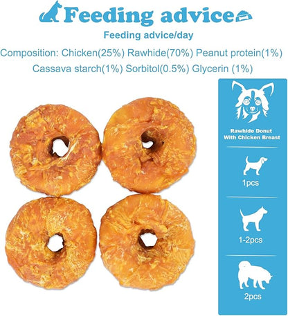 Dog Treats Long Lasting for Large Dog Clean Teeth Chicken Wrapped Rawhide Donuts 0.5lb/227g