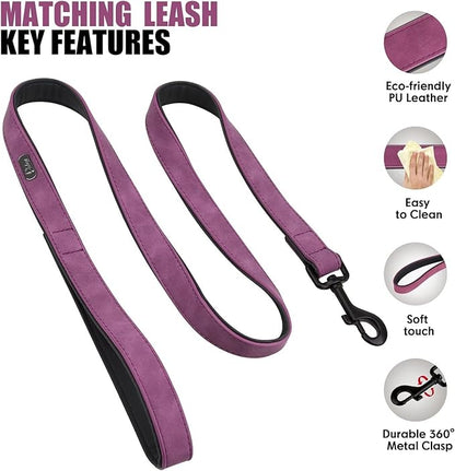 Didog Soft Padded Leather Dog Collar and Leash Set, Adjustable Dog Lead and Collar Set with Metal Buckle, Breathable Pet Collars with 4FT PU Leather Leash for Large Dogs, Purple, XL