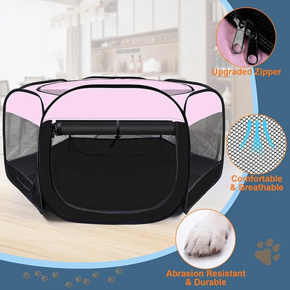 Dog Cat Playpen,Portable Pet Puppy Playpen,Rabbit Puppy Dog Play Pen for Indoors,Dogs Tent for Indoor Cats,Kitten Playpen,Collapsible Small Cats Crate Cage for Small Dogs with Carrying Case(Pink, S)