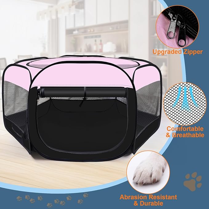 Dog Cat Playpen,Portable Pet Puppy Playpen,Rabbit Puppy Dog Play Pen for Indoors,Dogs Tent for Indoor Cats,Kitten Playpen,Collapsible Small Cats Crate Cage for Small Dogs with Carrying Case(Pink, L)