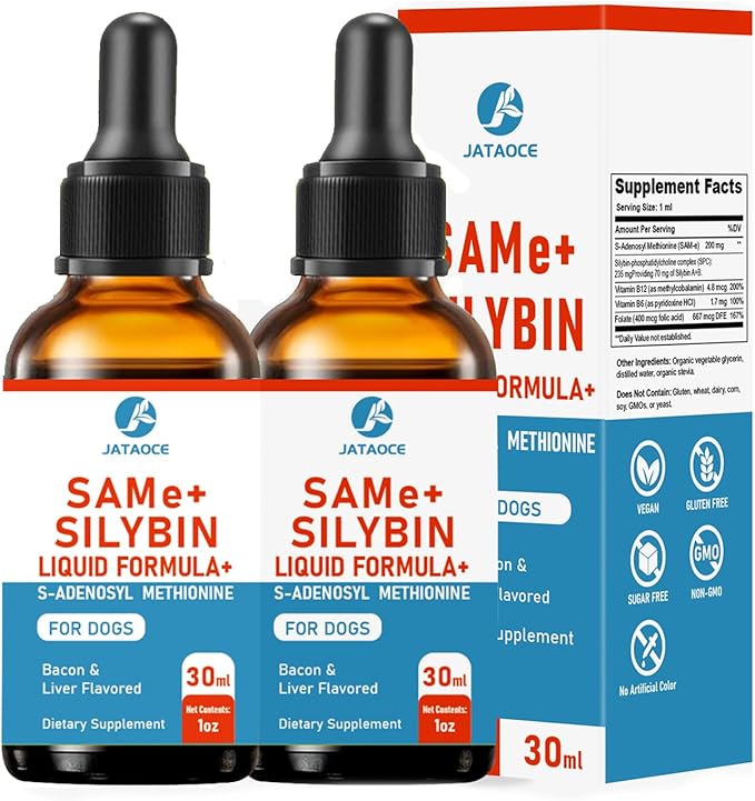 SAMEe for Dogs 500mg Liquid Drops with Silybin – Bacon Liver Flavored Liver Support Supplement for Dogs – S-Adenosyl Methionine & Milk Thistle Extract 60ml (2oz)