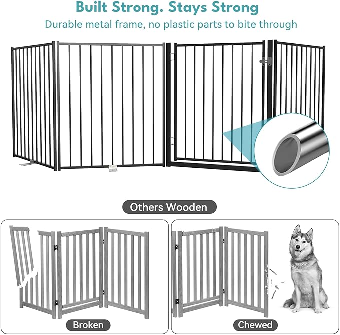 No Pawblems Free Standing Dog Gate with Door, 36'' Tall Foldable Dog Fence for Indoor & Outdoor, Up to 78 Inch Extra Wide Puppy Gate for Stairs, Hallways, Doorways, Deck, Yard (Black, 3 Panels)