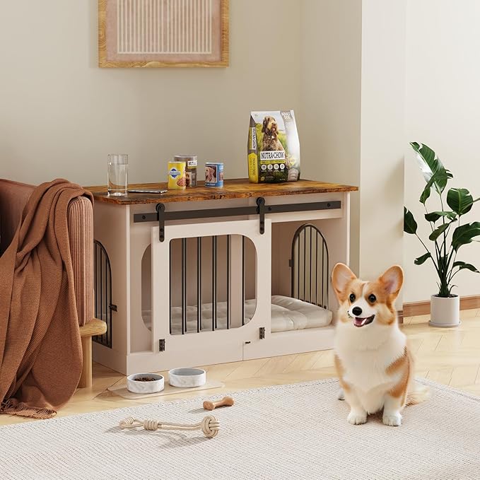 XL Dog Kennel Furniture,39.4 Inch Farmhouse Crate Furniture with Cushion Decorative White Dog Kennel Indoor Thick Wooden Pet House End Table Modern Cage Furniture for Small/Medium/Large Dog