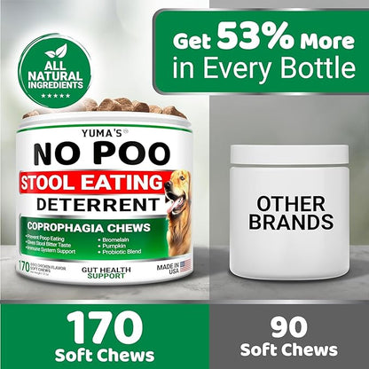 YUMA'S No Poo Chews for Dogs - 170 Count - Coprophagia & Stool Eating Deterrent for Dogs - Stop Eating Poop for Canine - Probiotics & Digestive Enzymes Supplement - Gut Health - Made in USA