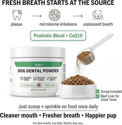 KOPO Dog Dental Powder | Dog Oral Care Supplement | Supports Fresh Breath & Gum Health | Helps Reduce Plaque & Tartar Buildup | Beef Liver Flavor | All Breeds & Sizes | 99 Scoops