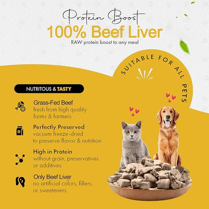 Freeze Dried Beef Liver Dog Treats | Healthy Kitten Treats, Single Ingredient, Raw | High Protein Cat & Dog Food Toppers, Grain-Free | Inspected & Tested in USA | 3.9 oz