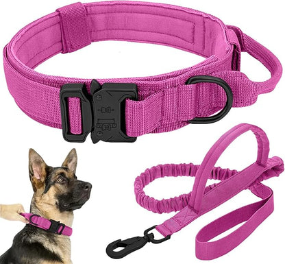 Tactical Dog Collar Leash Set, Adjustable Military Training Nylon Collar Dog Training with Control Handleand Metal Buckle, Dog Collar for Medium Large Dogs (Pink,L)