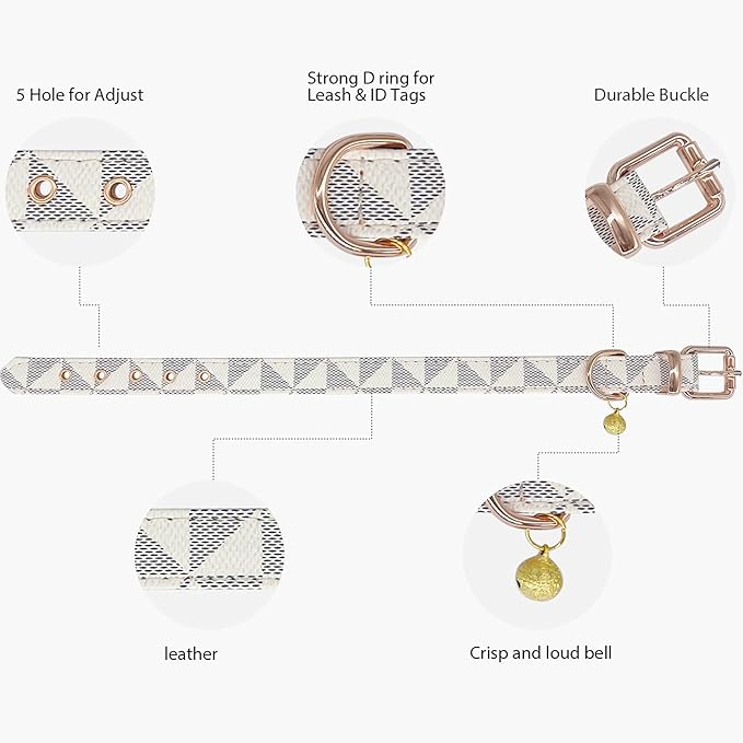 Dog Leather Collar and 4 ft Leash, KUDES Adjustable Basic Collar with Bell Leather Pet Leash Set, Checkered Pattern Durable Leather Collar and Leash with Metal Buckle for Small Medium Large Dogs