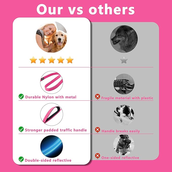 Dog Leash 6.5ft Long, Double Handle Dog Leash for Safety Control Training, Heavy Duty Dog Leads with Traffic Padded Handles, Reflective Leashes for Small Medium Large Dogs(6.5ft, Hotpink)