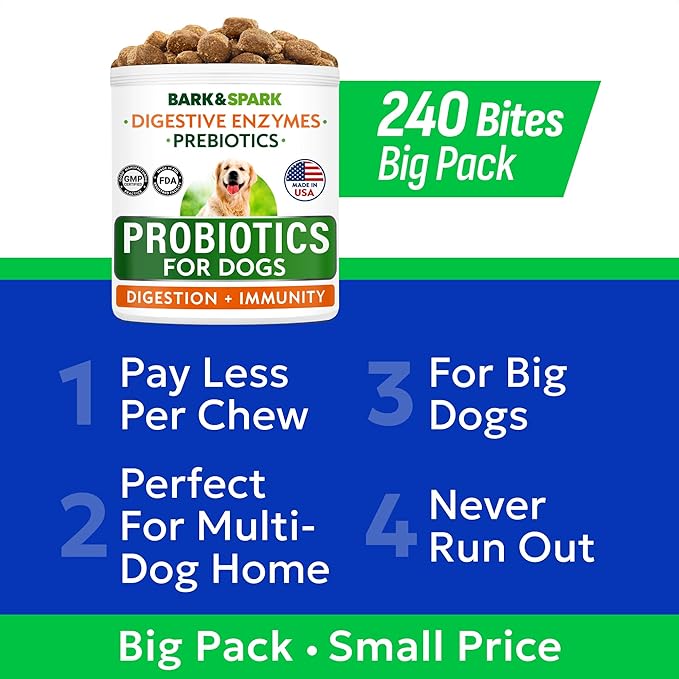 BARK&SPARK Dog Probiotics & Digestive Enzymes (Gut Health) Allergy & Itchy Skin - Pet Diarrhea Gas Treatment Upset Stomach Relief, Digestion Health Prebiotic Supplement Dog Treats (240Ct Chicken)
