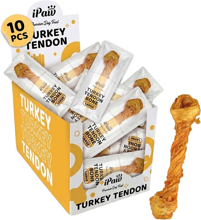iPaw Turkey Tendons for Dogs 10 Pcs Bulk Pack, 100% Turkey and US Sourced Raw Material, Hypoallergenic, All Natural Human Grade Puppy Chew, Rawhide Alternative Dog Treats, Bone (Large)