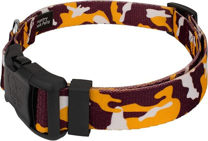 Country Brook Petz - Deluxe Burgundy and Gold Camo Dog Collar and Leash Limited Edition - Sports and Athletics Collection Featuring Spirited Designs (1/2 Inch, Extra Small)