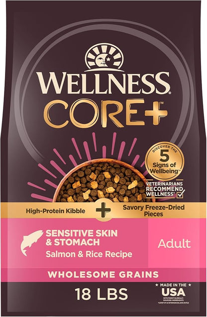 Wellness CORE+ Sensitive Skin and Stomach Adult Dry Dog Food with Freeze Dried Pieces, Wholesome Grain Kibble+, Natural, High Protein, Chicken Free, Salmon and Rice Recipe, 18 lb Bag