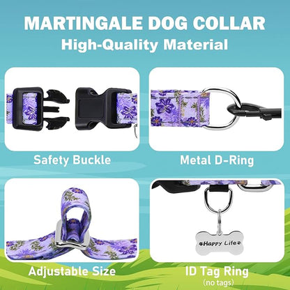 Reflective Martingale Collar for Dogs with Quick Release Buckle Cute Girl Female Flower Dog Collars (Lavender Floral, XSmall)