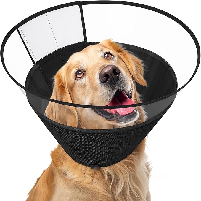 Dog Cone Collar, Clear Soft Cone for Dogs After Surgery to Stop Licking, Breathable Mesh Recovery Collar with Elastic Loop for Snug Fit, Adjustable E-Collar for Large Dogs, Black Size 5