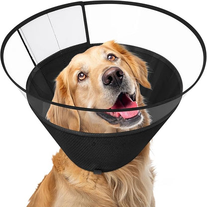 Dog Cone Collar, Clear Soft Cone for Dogs After Surgery to Stop Licking, Breathable Mesh Recovery Collar with Elastic Loop for Snug Fit, Adjustable E-Collar for Large Dogs, Black Size 4