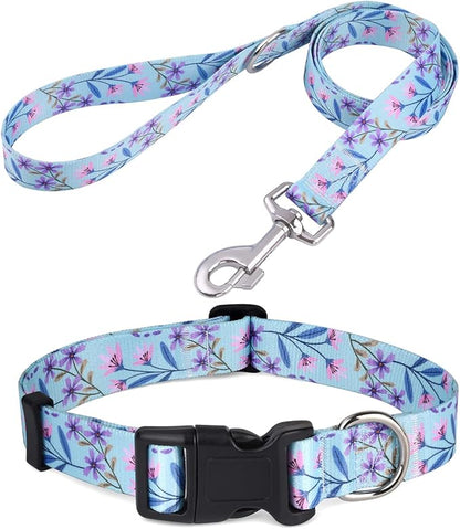 Mihqy Dog Collar and Leash Set with Bohemia Floral Tribal Geometric Patterns - Soft Ethnic Style Collar Adjustable for Small Medium Large Dogs(Pink + Purple Floral Set,XS)