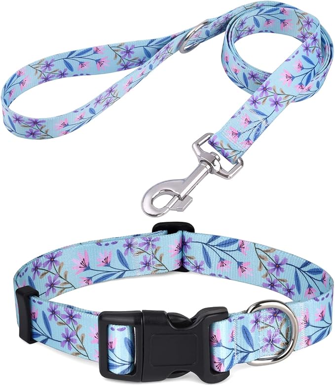Mihqy Dog Collar and Leash Set with Bohemia Floral Tribal Geometric Patterns - Soft Ethnic Style Collar Adjustable for Small Medium Large Dogs(Pink + Purple Floral Set,M)