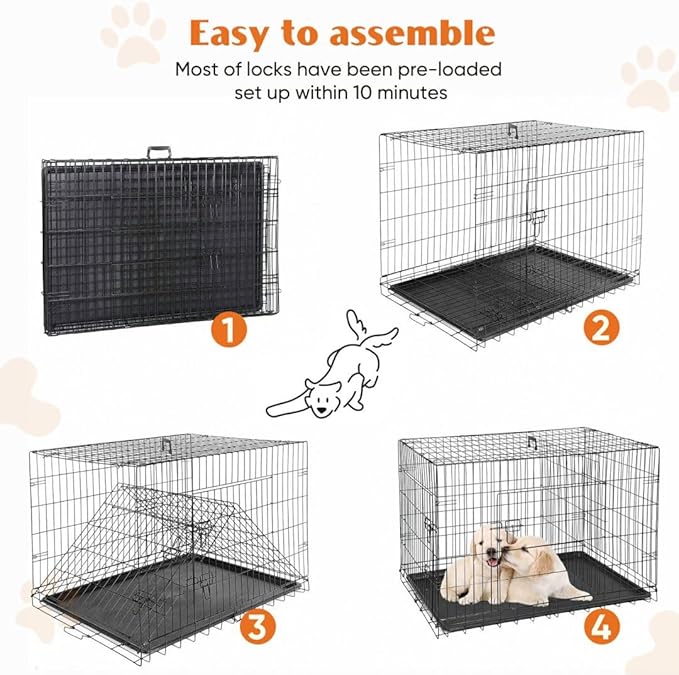 Dog Crate Kennel, 36 Inch Metal Pet Cage Double Door W/Divider Panel, Folding Travel Indoor Outdoor Dog Kennel Leak-Proof Plastic Tray Wire Animal Cage