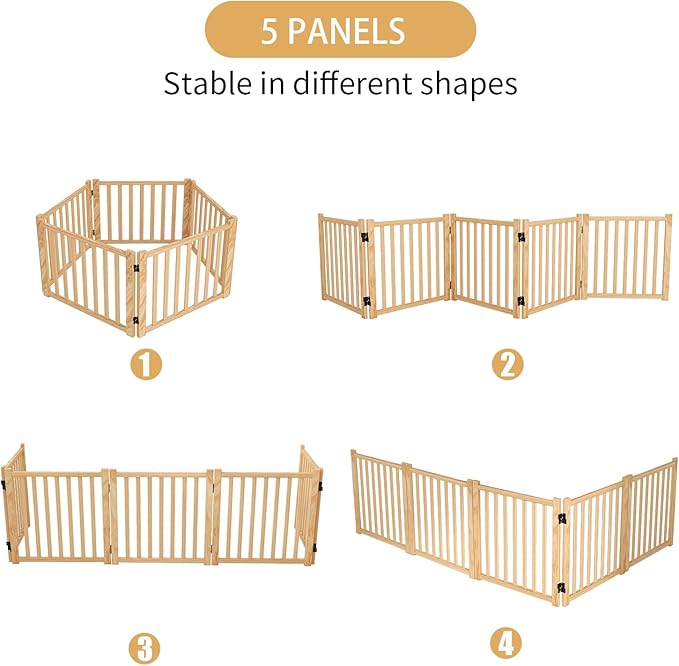 YOCAN Paint-Free Wooden Freestanding Dog Gates for The House, Doorways, Stairs,Wood Pet Fences Indoor Pet Gate,Step Over Fence-5 Panels L:115" H:23"
