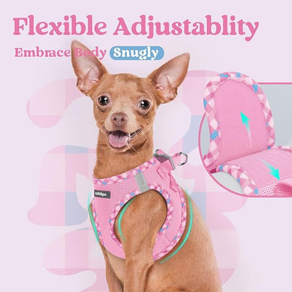 rabbitgoo Small Dog Harness, Step-in Soft Mesh Puppy Vest with Safety Buckle, Breathable Reflective Pet Harness for Extra Small Dogs, Pink & Plaid Trim XXS