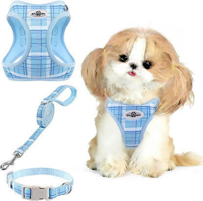 Gyuzh Dog Harness and Leash Set, 3-in-1 Step in No Pull Harness Vest Collar for Small Dogs & Cats, Lightweight Breathable Mesh Reflective Plaid with Padded Handle (Blue, L)