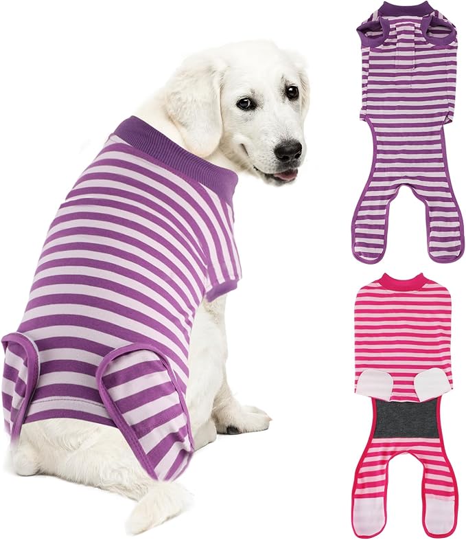 2 Packs Breathable Cotton Dog Recovery Suit for After Neuter Spay Abdominal Wounds Protector, Professional Anti-Licking Onesies for Male Female Pets Surgery Bandages, XL Purple & Pink Stripes