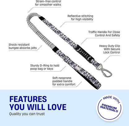 Dog Friendly Co. Bungee Dog Leash | Strain Free & Shock Resistant for Control | Neoprene Padded Handle, Heavy-Duty Carabiner Clip, and D-Ring | Grey Camo, Size Regular
