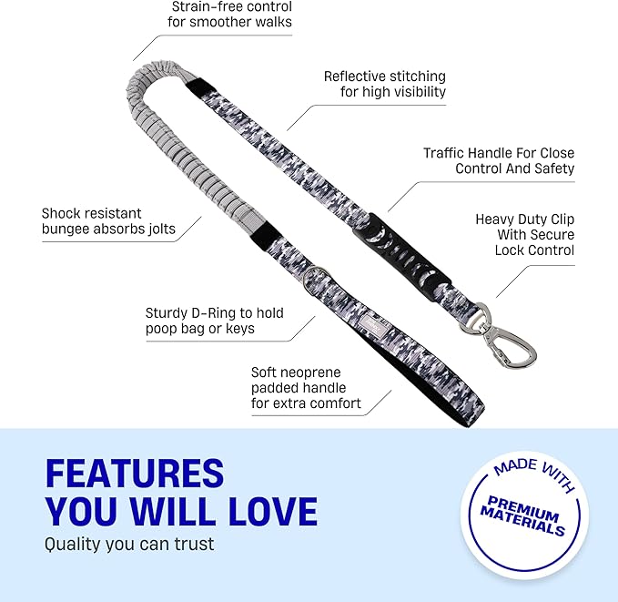 Dog Friendly Co. Bungee Dog Leash | Strain Free & Shock Resistant for Control | Neoprene Padded Handle, Heavy-Duty Carabiner Clip, and D-Ring | Grey Camo, Size Small