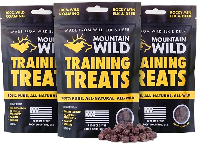 MOUNTAIN WILD Training Treats for Dogs & Puppies – Elk & Venison Protein Puppy & Dog Treat – High Value, All-Natural, No Fillers, Grain-Free, No Artificial Preservatives – 4oz, 3 Bags