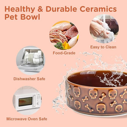 SPUNKYJUNKY Elevated Dog Bowls Ceramic, 5.1'' Dogs and Cat Food Water Bowls Raised with Non-Slip Bamboo Stand for Puppy Small Sized Breed Microwave Dishwasher Safe - 13.5 OZ,Skull Bronze