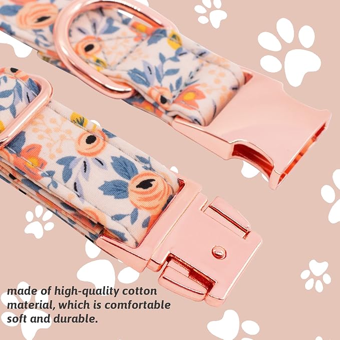 Dog Collar and Leash Set Girls Adjustable Puppy Collars with Floral Bow Tie for Small Medium Large Female Dogs, Orange Flower, M