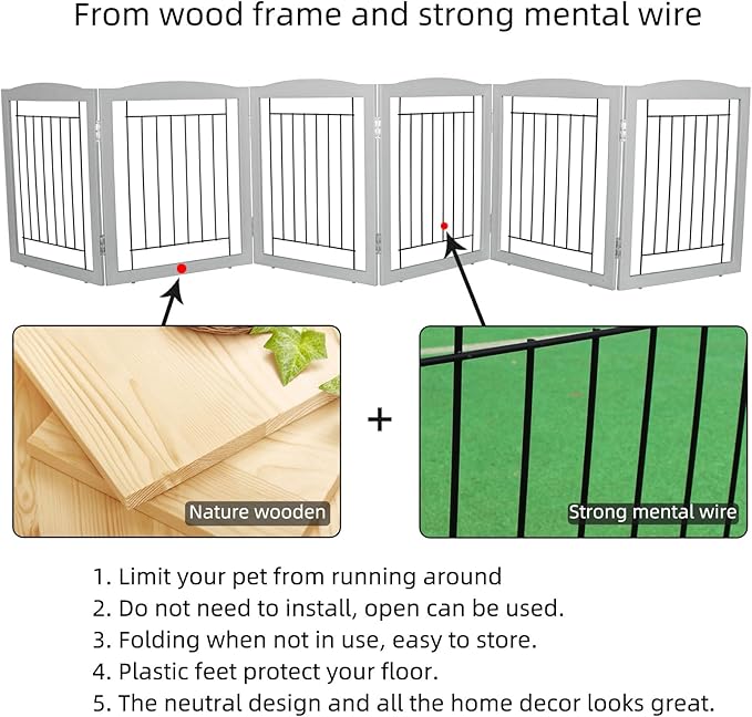 ZJSF Freestanding Foldable Dog Gate for House Extra Wide Wooden Grey Puppy Gate Stairs Dog Gates Doorways Tall Pet Gate 24" Height 6 Panels Pet Fence