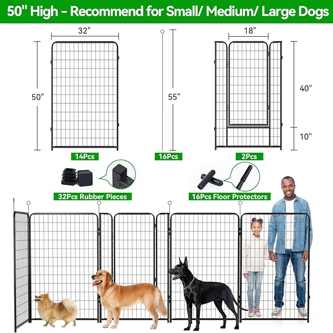 Kfvigoho Dog Playpen Outdoor Extra Wide 16 Piece Panels Heavy Duty Dog Fence 50" Height Anti-Rust with Doors Portable for RV Camping Yard, Total 42FT, 140 Sq.ft, Snowy Black