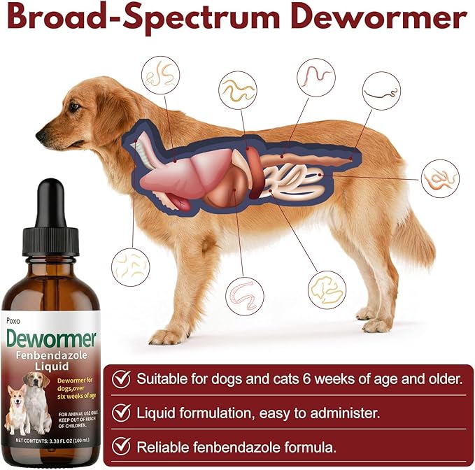 Dewormer Liquid for Dogs – Fenbendazole for All Wormers, Tapeworms, Roundworms & Hookworms – Broad Spectrum, Safe for 6 Weeks and Older
